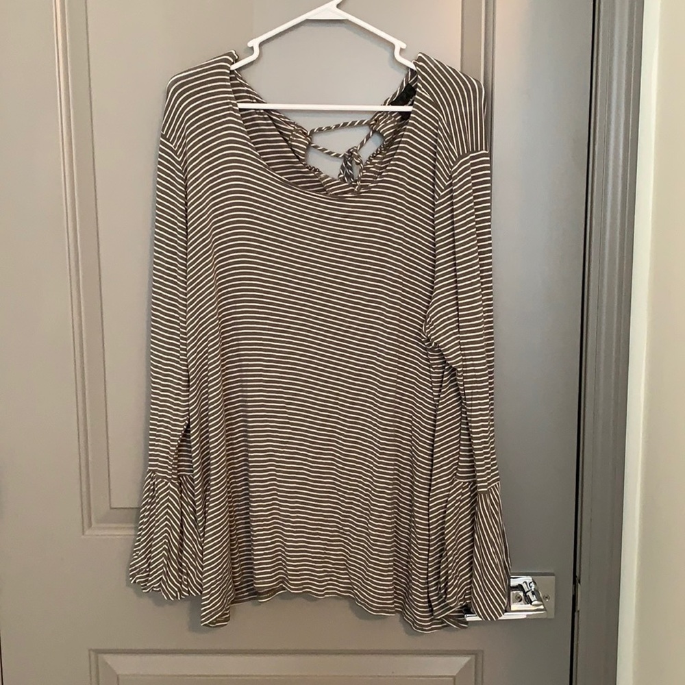 Bell sleeved green and white striped shirt